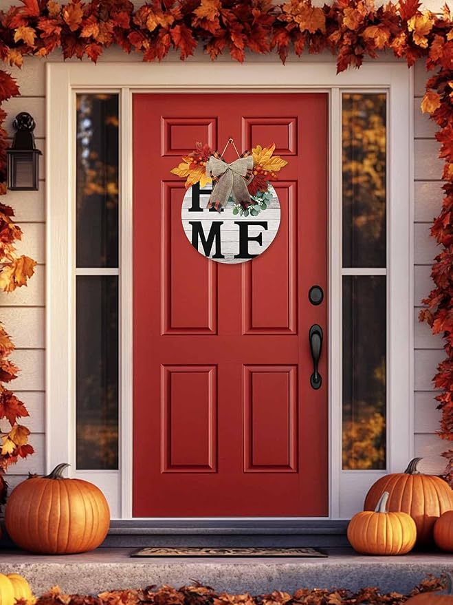 Eucalyptus Leaves Welcome Sign for Front Door, Home Garland Vintage Wood Grain Round Wooden Hanging Sign Housewarming Gift for Fall Home Outdoor Indoor, Front Porch Decor Wreath 12inch