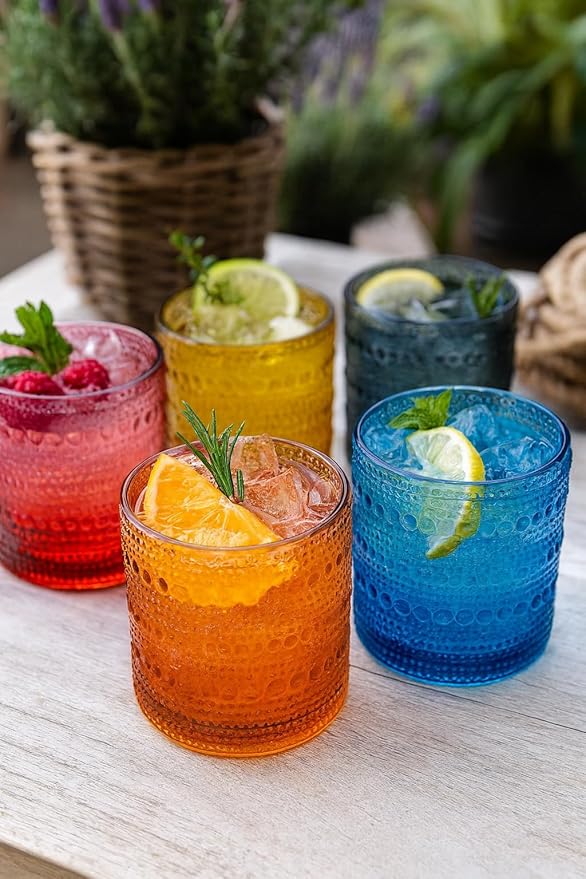 Khen Plastic Hobnail Drinking Glasses Set of 6 Neutral Tones Cups 14oz, Shatterproof & Unbreakable Acrylic Beaded Design, BPA-Free, Dishwasher Safe Indoor/Outdoor Drinkware for Water, Juice, Cocktails