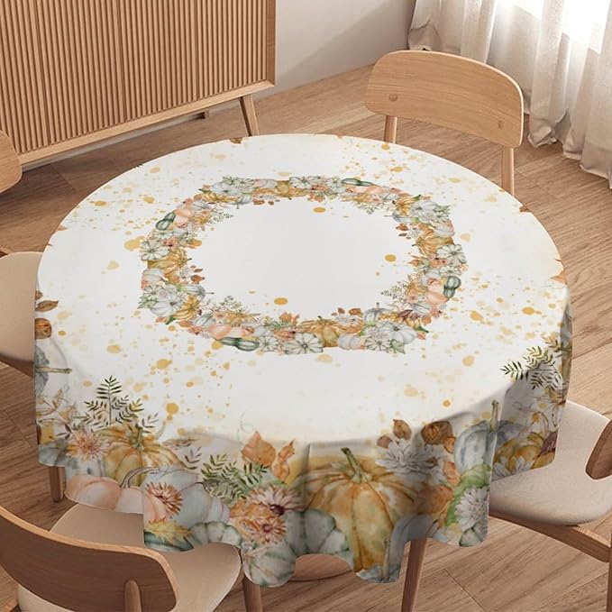 YCness Fall Tablecloth Thanksgiving Autumn Harvest Orange Watercolor Pumpkin Leaves Table Cover for Party Picnic Dinner Decor 60x60 Inch Round