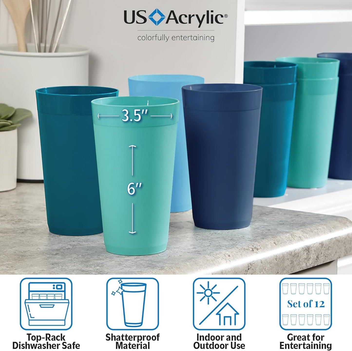 US Acrylic Newport 20 ounce Unbreakable Plastic Stackable Water Tumblers in 4 Coastal Colors | Set of 12 Drinking Cups | Reusable, BPA-free, Made in the USA, Top-rack Dishwasher and Microwave Safe