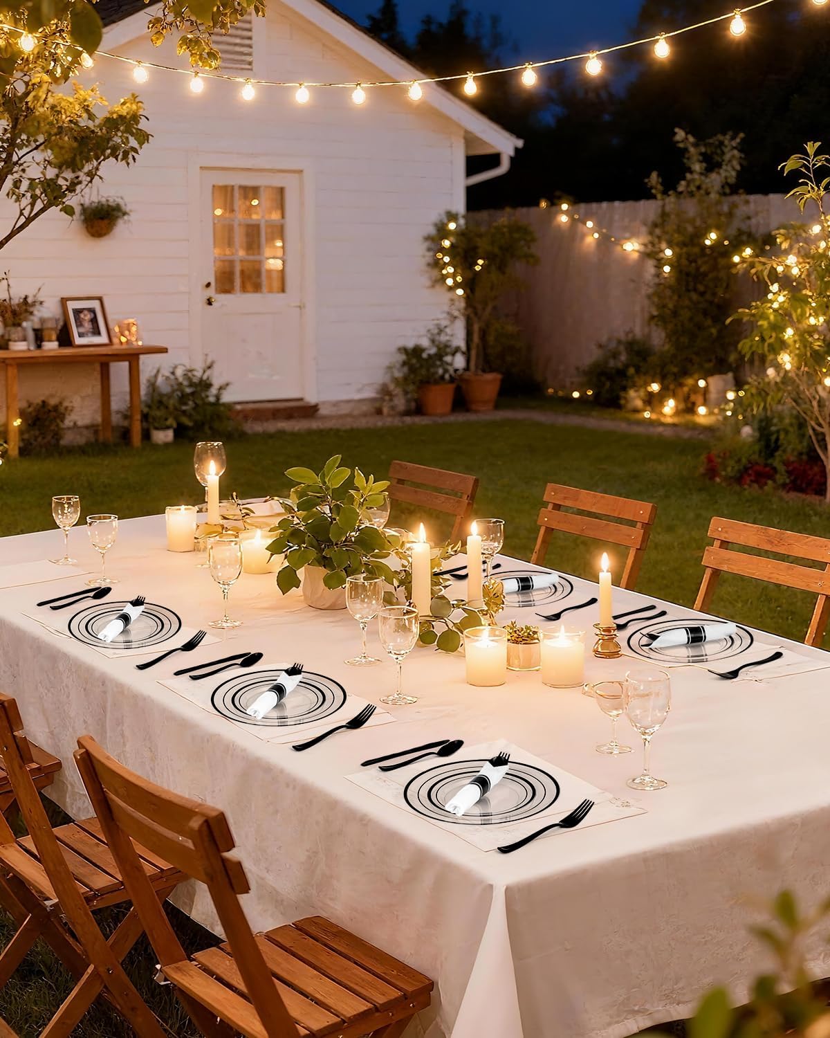 Goodluck 175 Piece Black Plastic Plates, Clear Plastic Silverware Disposable Plates Set, Include 50Plates, 25Pack Pre Rolled Napkins with Silverware, 25Cups for Party, Wedding, Graduation