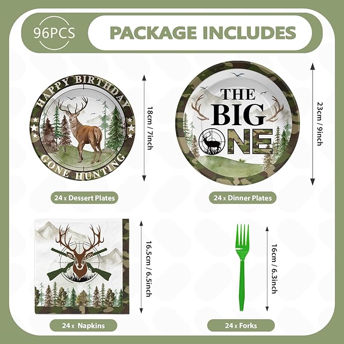 96Pcs Hunting Camo Birthday Party Decorations Hunting Camo Party Plates Disposable The Big One Paper Tableware Set for Gone Hunting Themed 1st Birthday Party Supplies, Serves 24