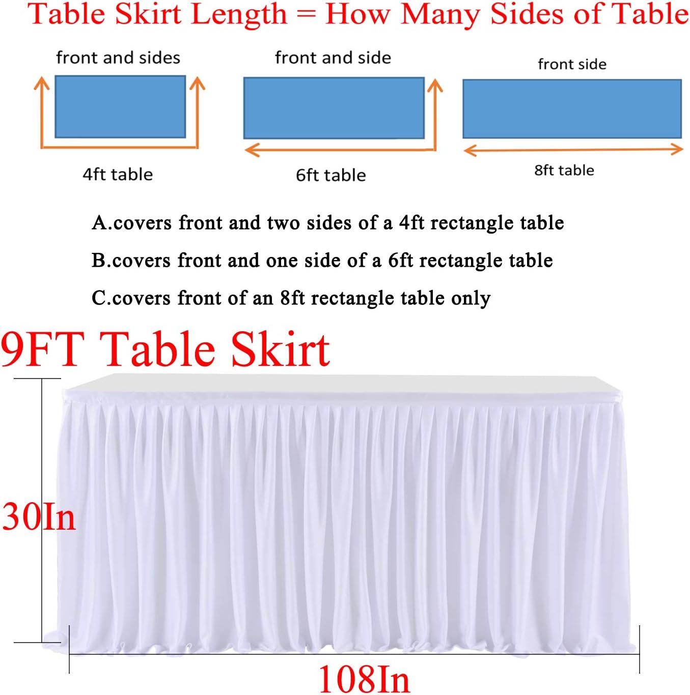 9ft White Table Skirts for Rectangle Tables Polyester Pleated Table Skirt Desk Skirts Ruffle Table Skirt Tablecloth for Wedding Birthday Party Baby Bridal Shower Banquet Table Decoration