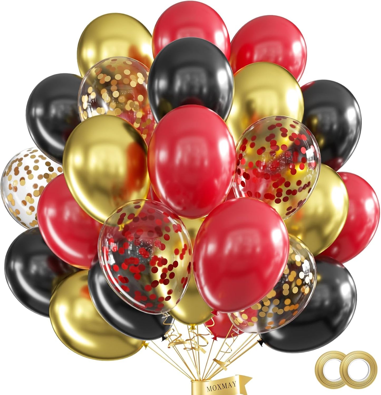 62 Pcs 12 Inch Black Red Gold Balloons Arch Kit, Red and Black Metallic Gold Confetti Party Balloons with Ribbons for Birthday, Wedding, Baby Shower, Graduation Decorations