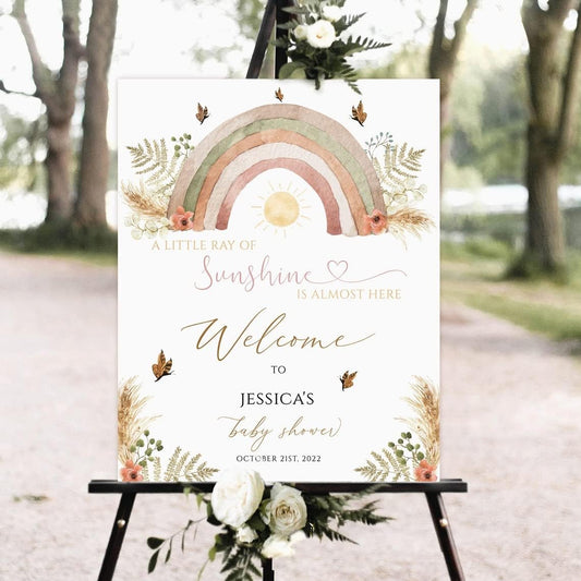 Rainbow Baby Shower Welcome Sign, Welcome sign, baby shower sign, Boho Baby Shower, Pampas grass baby shower sign, Printable welcome sign,