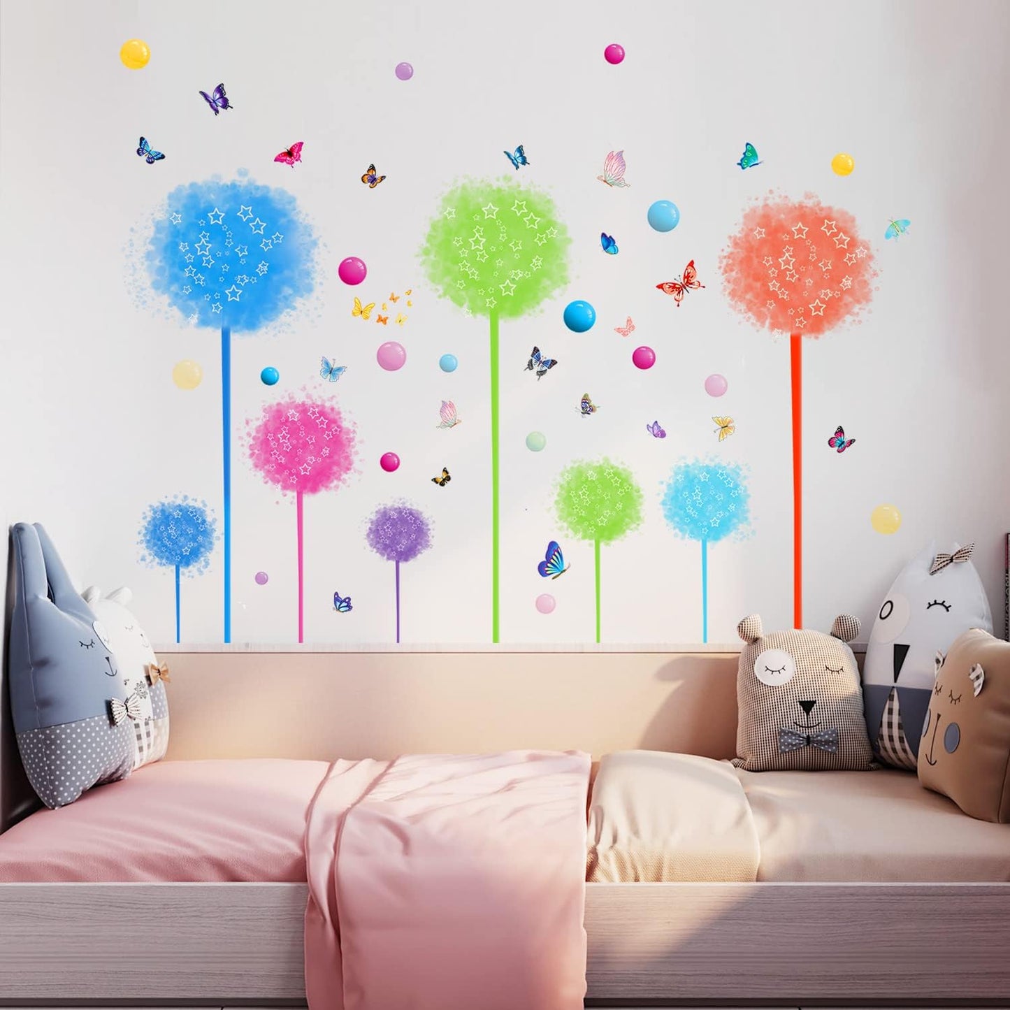 2 Set Dandelion Wildflower Wall Decals Art, Wall Art Stickers Peel and Stick Floral Butterflies Flying Decor for Girls Kids Women Baby Nursery Room Bedroom Bathroom Sofa Backdrop TV(Colorful)
