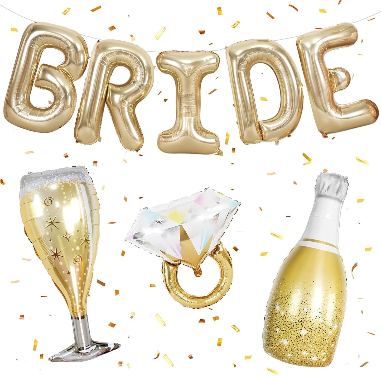 40inch Bride Balloons Light Gold Letters Banner, Bachelorette Party Decoration Set with Diamond Ring Champagne Bottle Balloon Glass Foil Balloon for Bachelorette Engagement Wedding Bridal Shower Decor