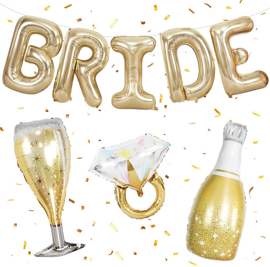 40inch Bride Balloons Light Gold Letters Banner, Bachelorette Party Decoration Set with Diamond Ring Champagne Bottle Balloon Glass Foil Balloon for Bachelorette Engagement Wedding Bridal Shower Decor