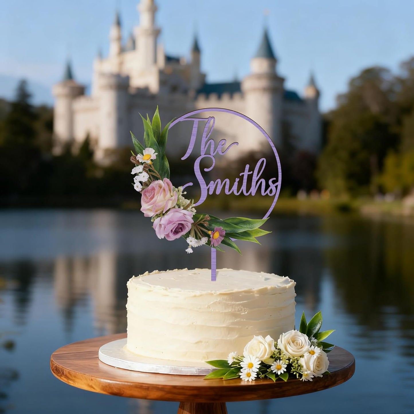 3D Flowers Wedding Cake Topper Custom Last Name Wedding Cake Decoration in Wood with 3D Artificial Roses (Lavender)