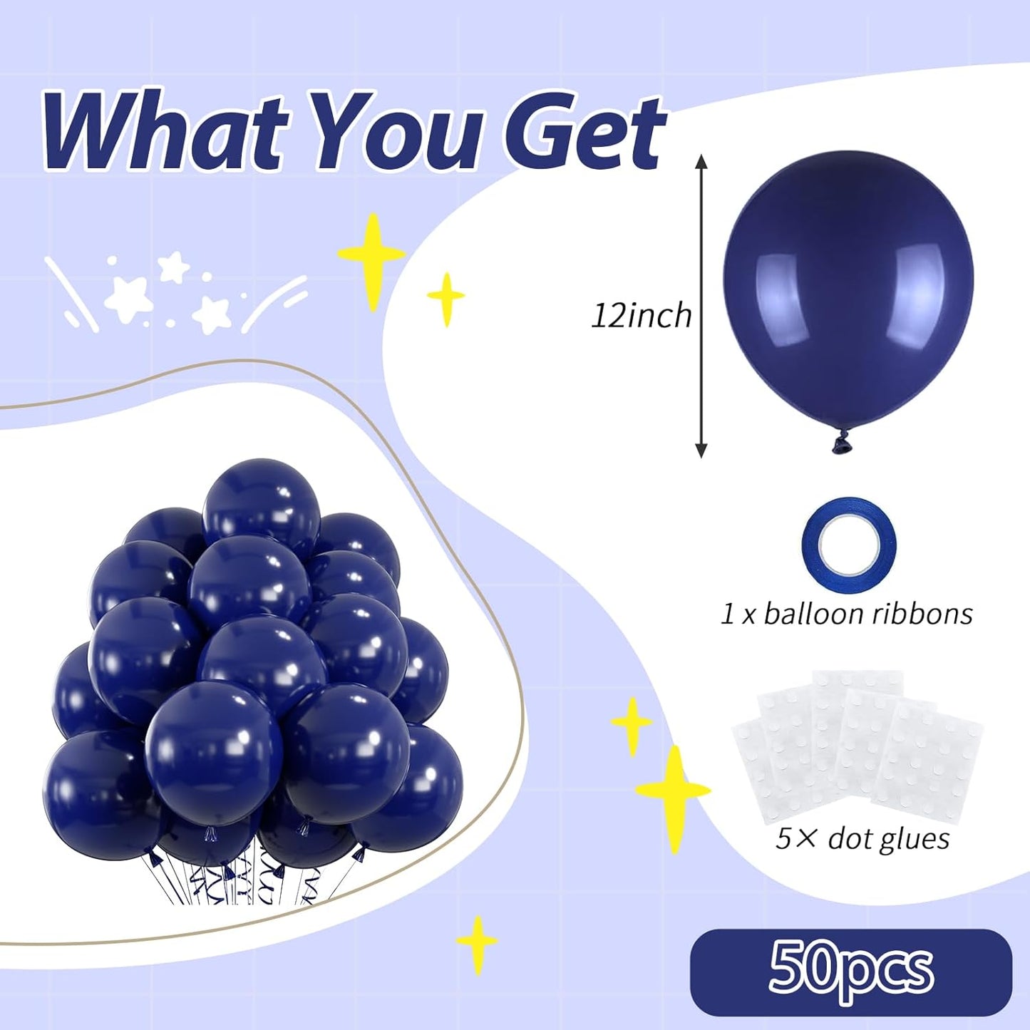 50pcs Navy Blue Balloons,12inch Helium Quality Nile Blue Balloons for Graduation Wedding Baby Shower Birthday Baseball Party Decorations (With Ribbon & Glues)