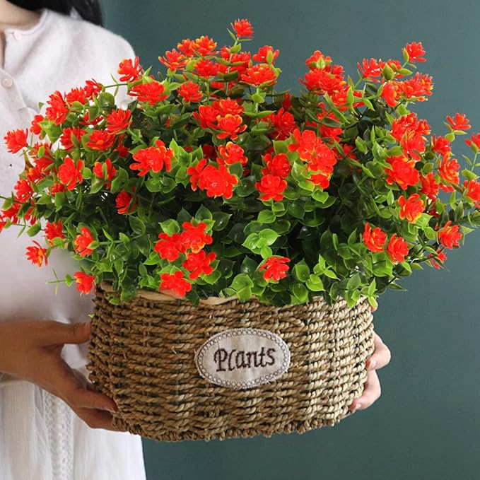 RECUTMS 12 Bundles Artificial Fake Flowers, Faux Outdoor Plastic Plants UV Resistant Shrubs Outside Indoor Decorations,UV Resistant Faux Plastic Plants Garden Porch Window Box (Orange Red)