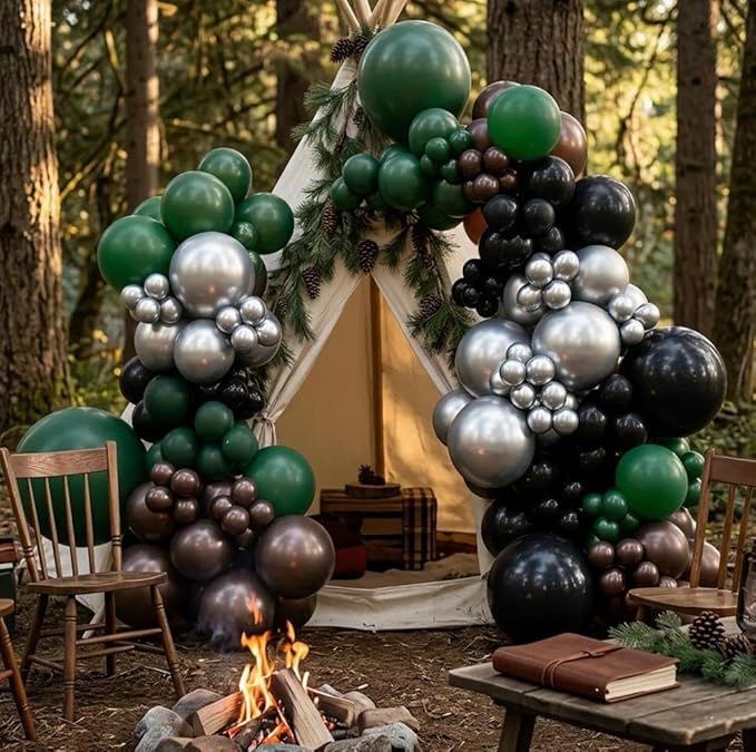 Black Green Balloon Arch Double Stuffed Latex Dark Green Brown Silver Balloon Garland for Camo Birthday New Year Hunting Jungle Boy Baby Shower Anniversary Prom Praty Decor