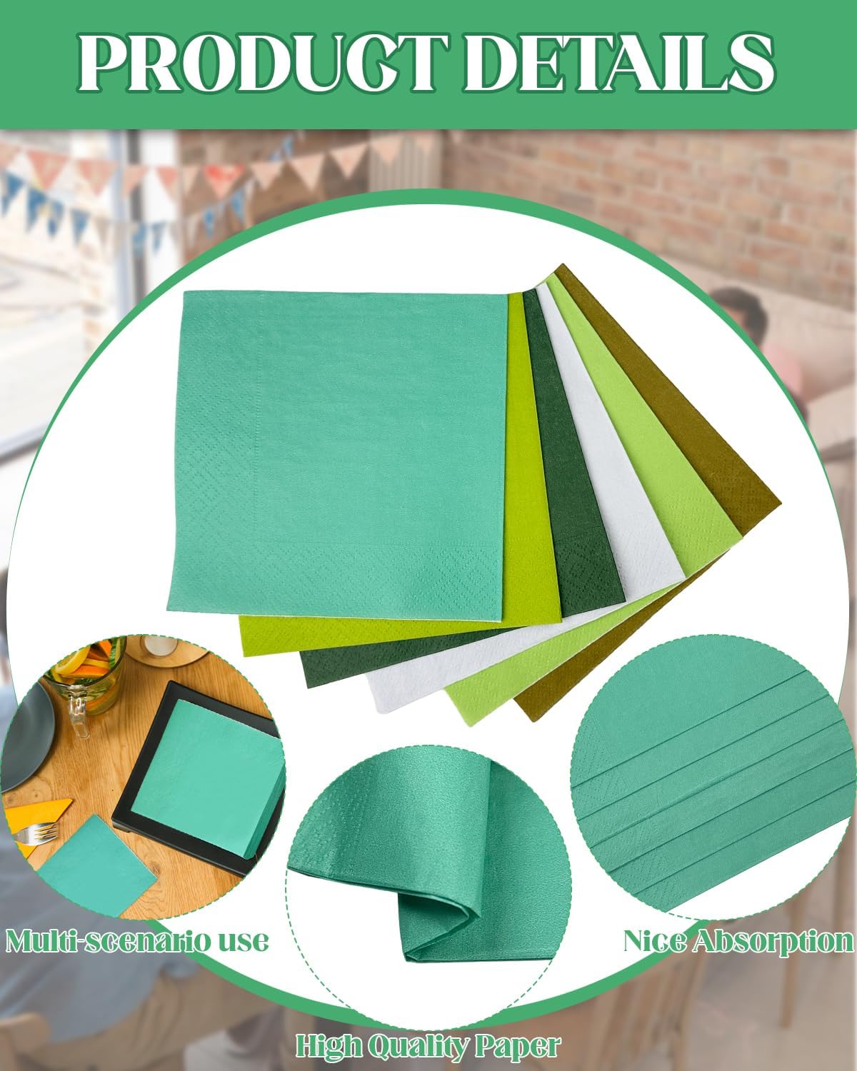 Green Cocktail Napkins 6 colors 5 * 5inch disposable Beverage Napkin paper for Cocktail, Wedding, Dinner，Brithday Party Dessert Wine Paper Napkins（ 120 Count）