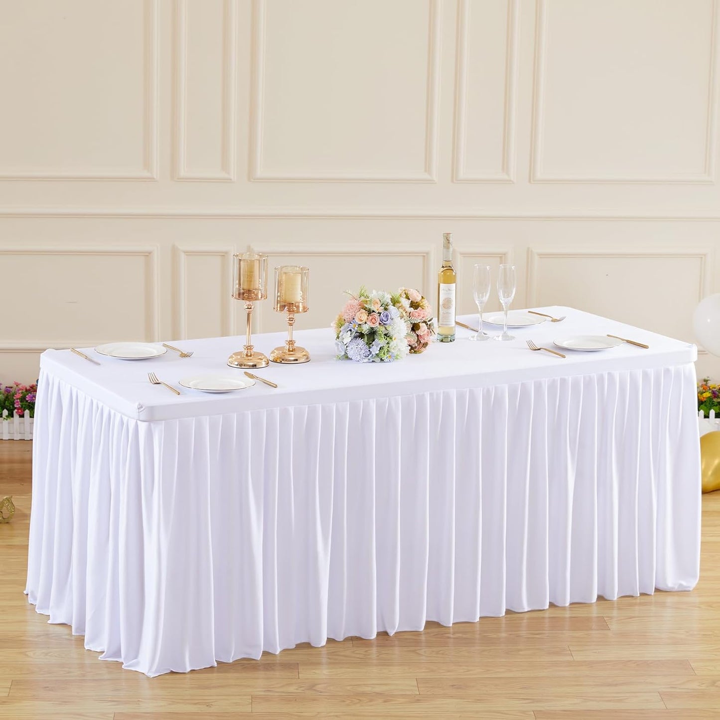 White Polyester Table Clothes for 8 Foot Rectangle Tables, Wrinkle Free Fitted Table Cover with Pleated Ruffle Table Skirt for Birthday Party Wedding Trade Show Event Display
