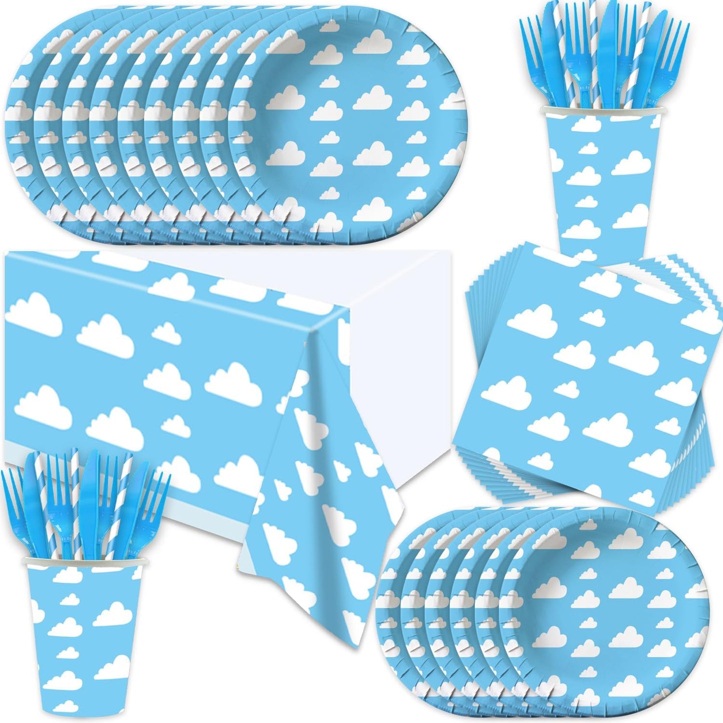 141pcs Blue Sky White Clouds Party Decorations,Cartoon Story Party Disposable Tableware Includes Dinner Paper Napkin Cup Knife Fork Straws Tablecloth Toy Inspired Story Supplies set
