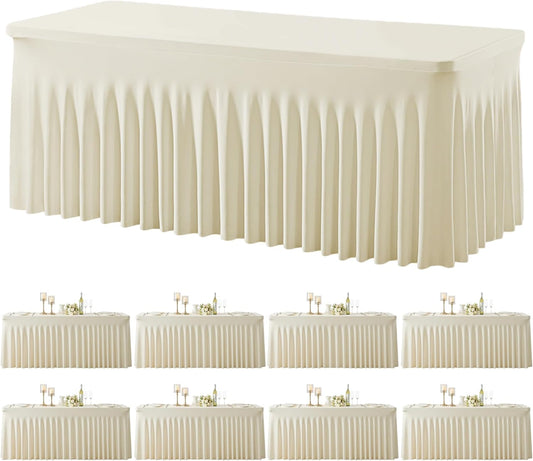 Besutolife 8 Pack Beige Spandex Tablecloth for 6ft Rectangle Tables Fitted Table Cloth Stretch Table Covers Skirt 6ft Rectangular Tablecloths for Banquet Parties Wedding Decorations