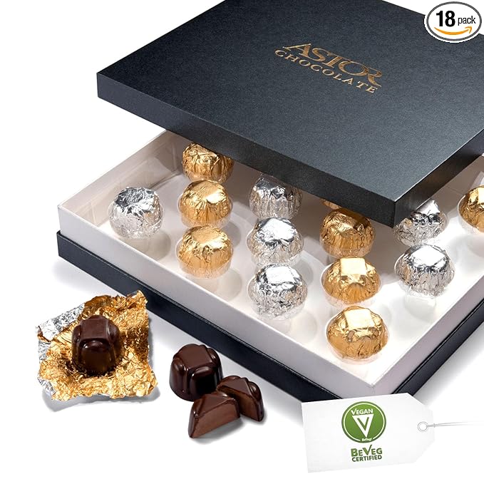 Vegan Chocolate by Astor Chocolate, Dairy Free Chocolate Gift Box, 18 Gourmet Hazelnut Belgian Dessert Truffles Non Daily Kosher