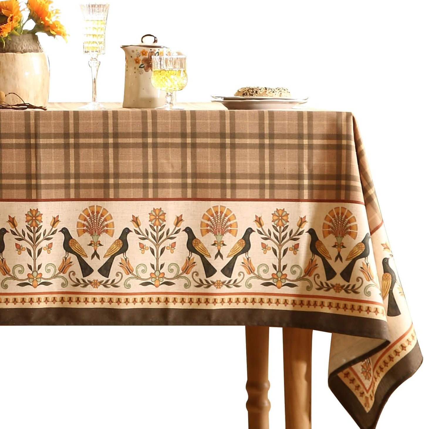 Vintage Brown Checkered Long Rectangle Tablecloth,Italian Floral Linen Wrinkle Free Table Cloth,Decor Table Cover for Kitchen,Dining,Thanksgiving,Christmas,Party,63"*94"-Seville