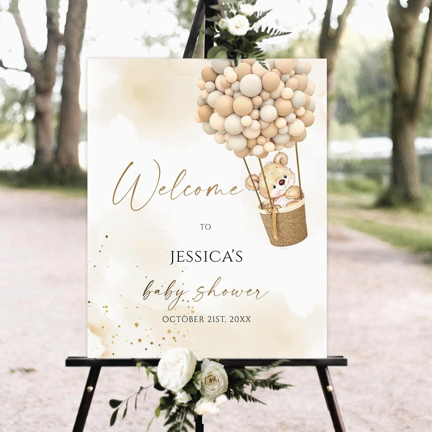 Personalized Brown Teddy Bear Baby Shower Welcome Sign, Balloon Bear Baby Shower Sign, Welcome to Baby Shower Sign Decoration.