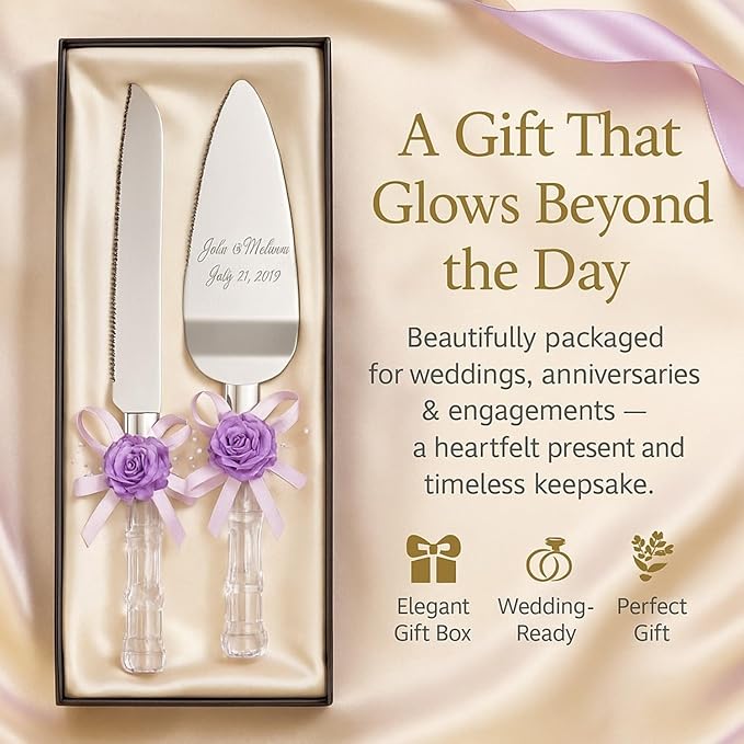 GIFTS INFINITY Personalized Wedding Cake Knife and Server Set with Engraving – Cake Cutting Utensil Set, Keepsake Gift for Wedding, Anniversary, Reception, Birthday & Other Occasions (CT-101PUH)