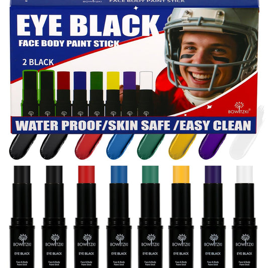 Bowitzki Face Paint Stick Eye Black 8 Colors Water Resistant Under Sports Body Markers Makeup Athletes Softball Stuff Lacrosse Baseball Football Game Accessories Gift Eyeblack Painting Kit