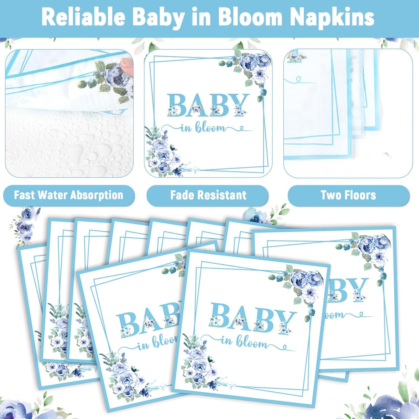 50 Guests Baby In Bloom Baby Shower Decoration Blue Flower Paper Plates Napkins Forks Spring Floral Theme Party Tableware Disposable Party Supplies Favor Plates For Boy Girl Birthday 200PCS