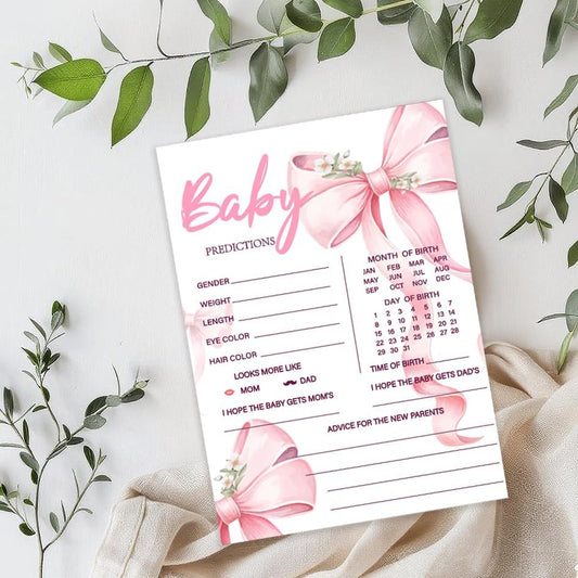 50Pcs Baby Prediction Cards for Baby Shower Games, Fall Pink Bow Wish and Advice Cards with Box for Baby Shower Decorations, Gender Reveal Boy or Girl Decor （Bow) (Pink Prediction)