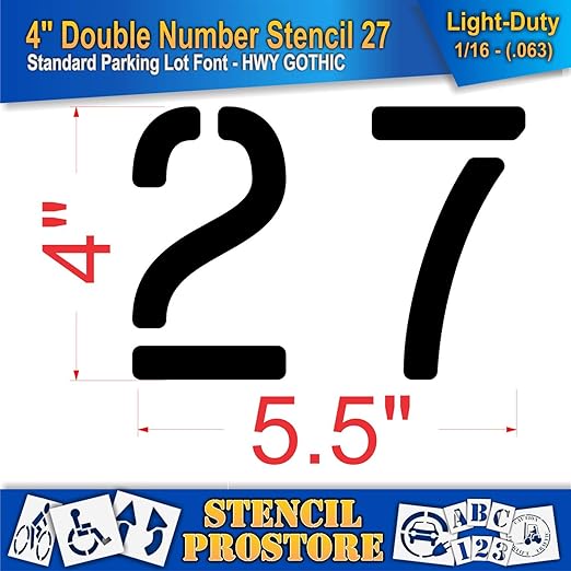Pavement, Curb, and WheelStop Stencils - 4 inch Double Number Stencil - (27) - 4" x 5.5" x 1/16" (63 mil) - Light-Duty