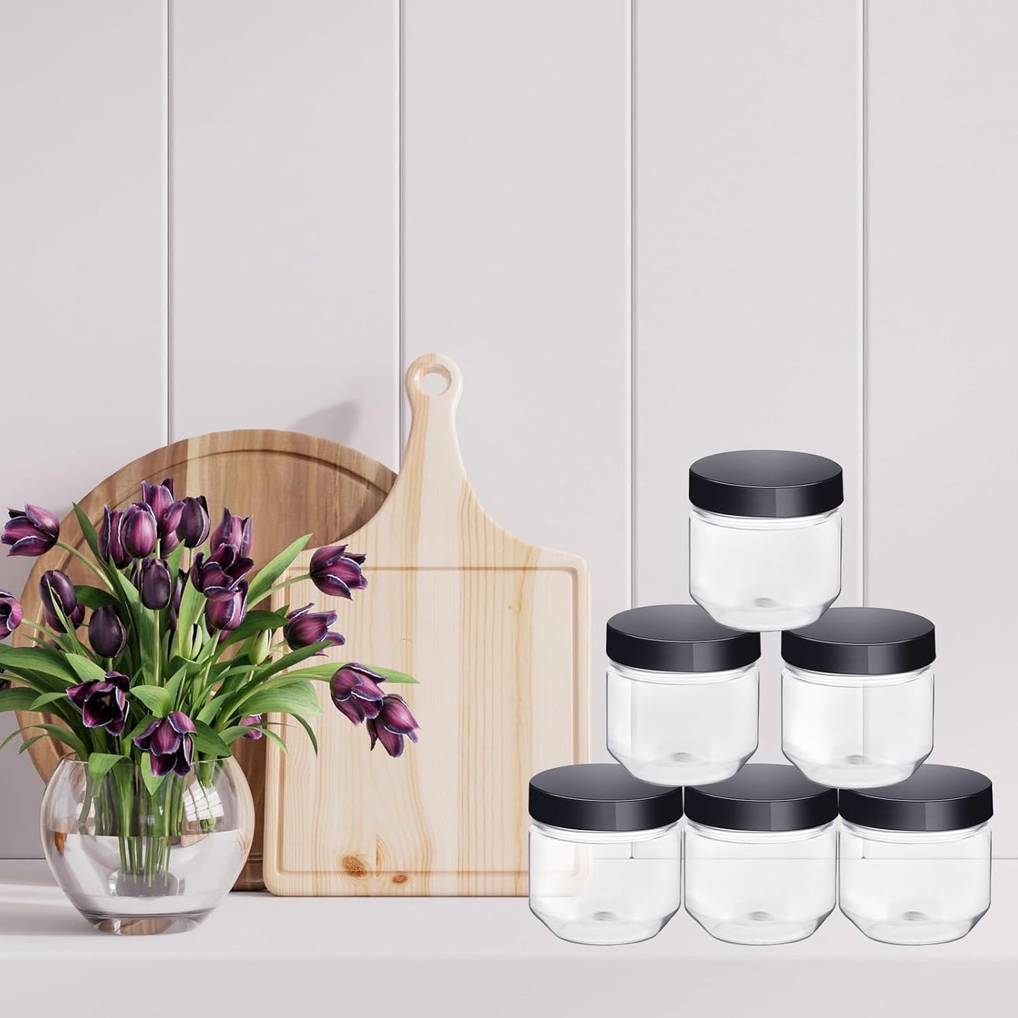 Tanlade 60 Pcs 3 oz Clear Plastic Jars with Lids Wide Mouth Mason Jars Mini Storage Containers Bulk for Herb Jelly Wedding Valentine Favors Shower Party Favors(Sleek Black)