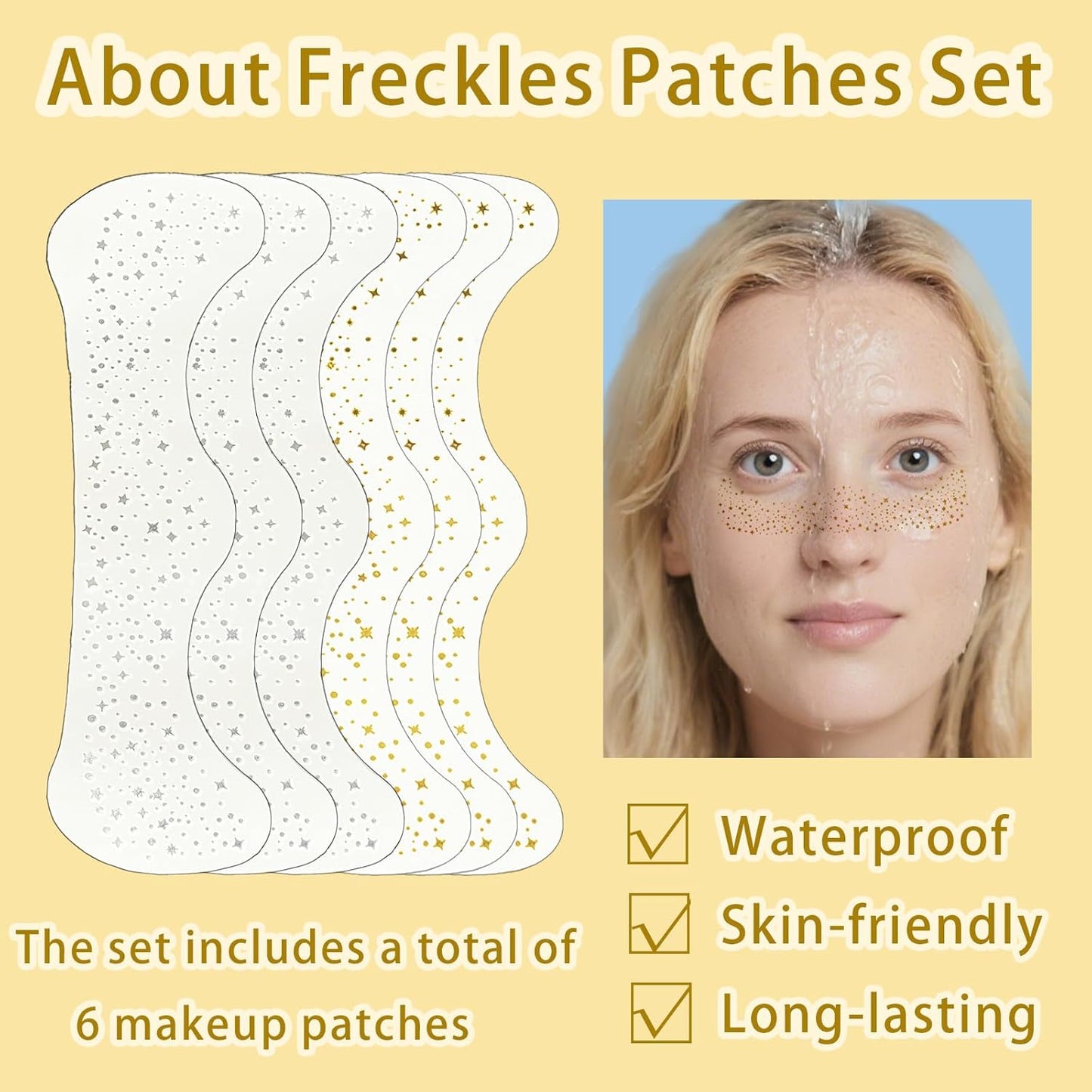6Pcs Glitter Freckle Face Tattoo for Festival Makeup, Gold Star Waterproof Self Adhesive Spots Stickers, Sparkle Freckles Skin Decor Body Tattoos for Parties(Gold and Silver)