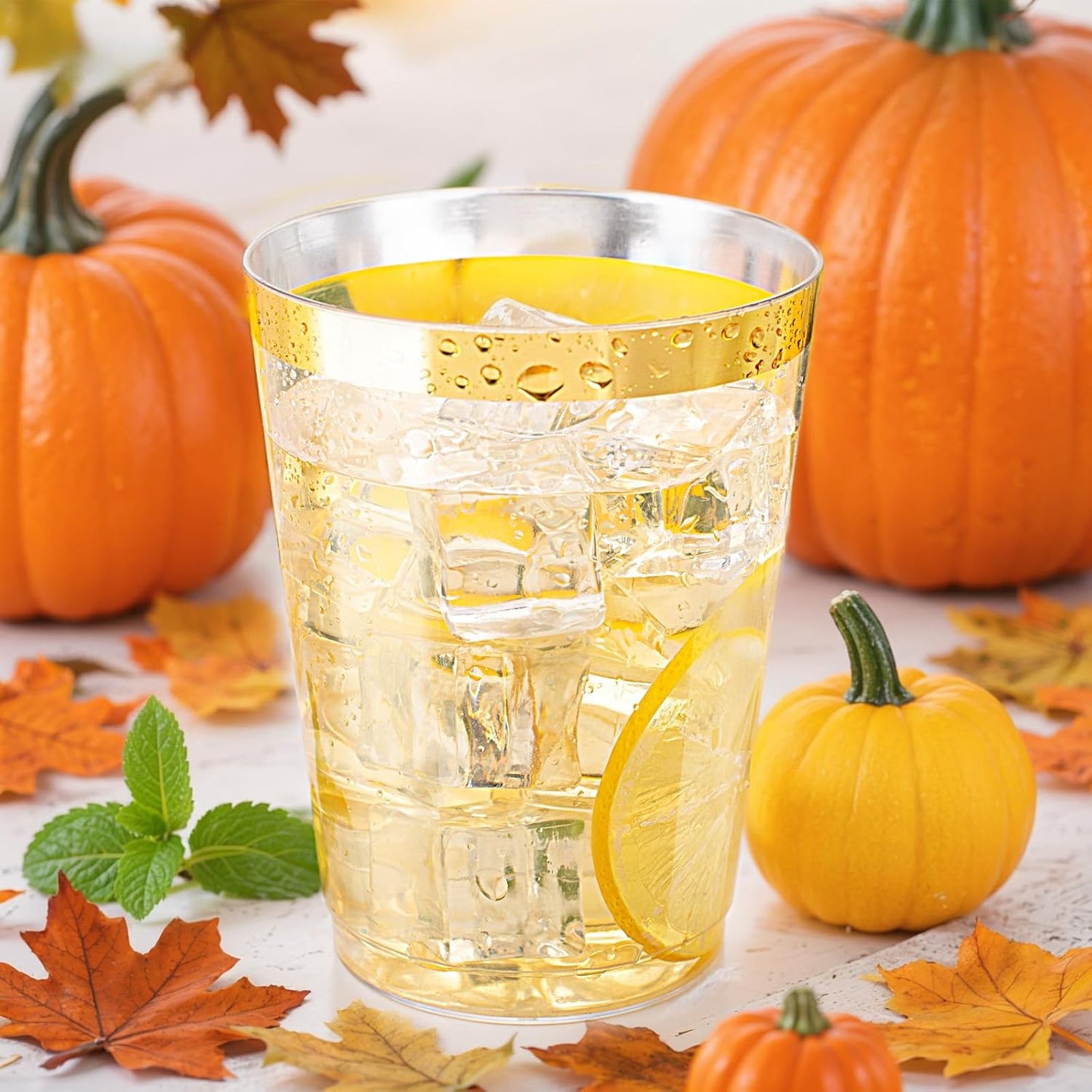 Ciaell 120PCS Gold Plastic Cups - 10Oz Heavy Duty Clear Plastic Cups with Gold Rim - Gold Rim Disposable Cups for Wedding, Birthday & Party