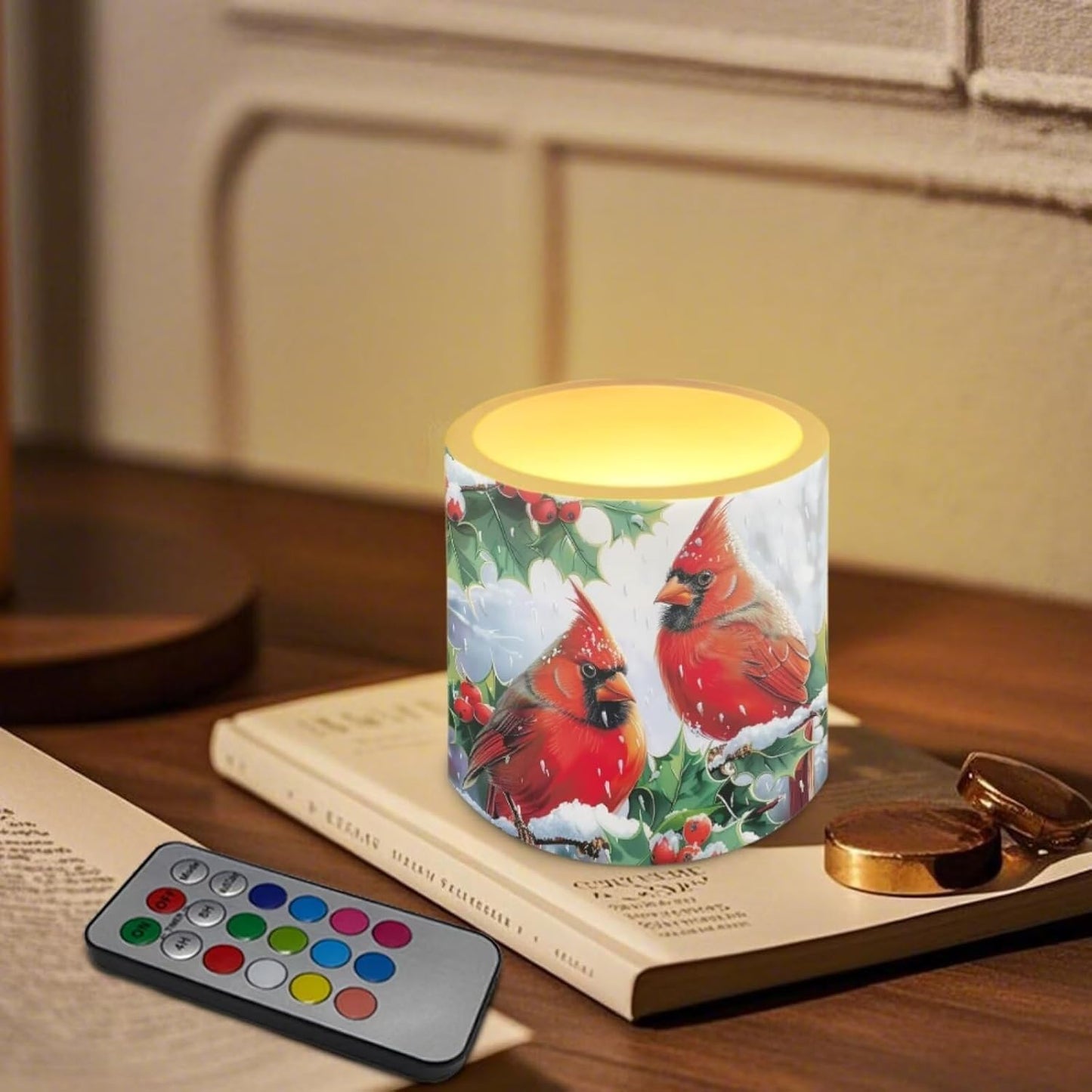 Poceacles Flameless LED Candles 4 Pack with Remote Control, Battery-Powered, Flickering Effect, with 12 Color Changing, Realistic LED Pillar Candles for Christmas, Red Cardinal Bird Holly Print