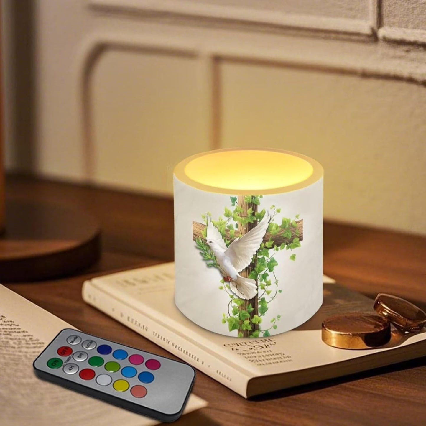 Poceacles 4 Pack Flickering Flameless LED Candles with Remote Timer, 3 AAA Batteries Operated (Not Include), Colorful Flame Effect Realistic LED Lights Home Decor, Cross Dove of Peace Retro