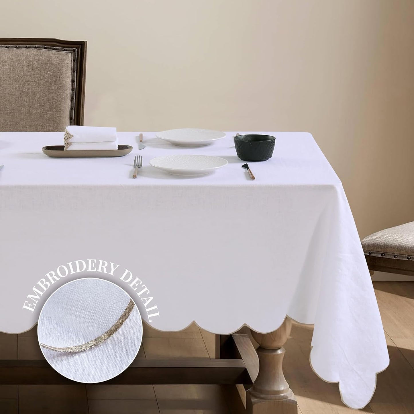 100% Pure Linen Scalloped Embroidery Rectangle Tablecloths 120Lx60W Inch for Dinners, Spring, Machine Machine Washable, 10-12 Sets, White(Edges-Gold)