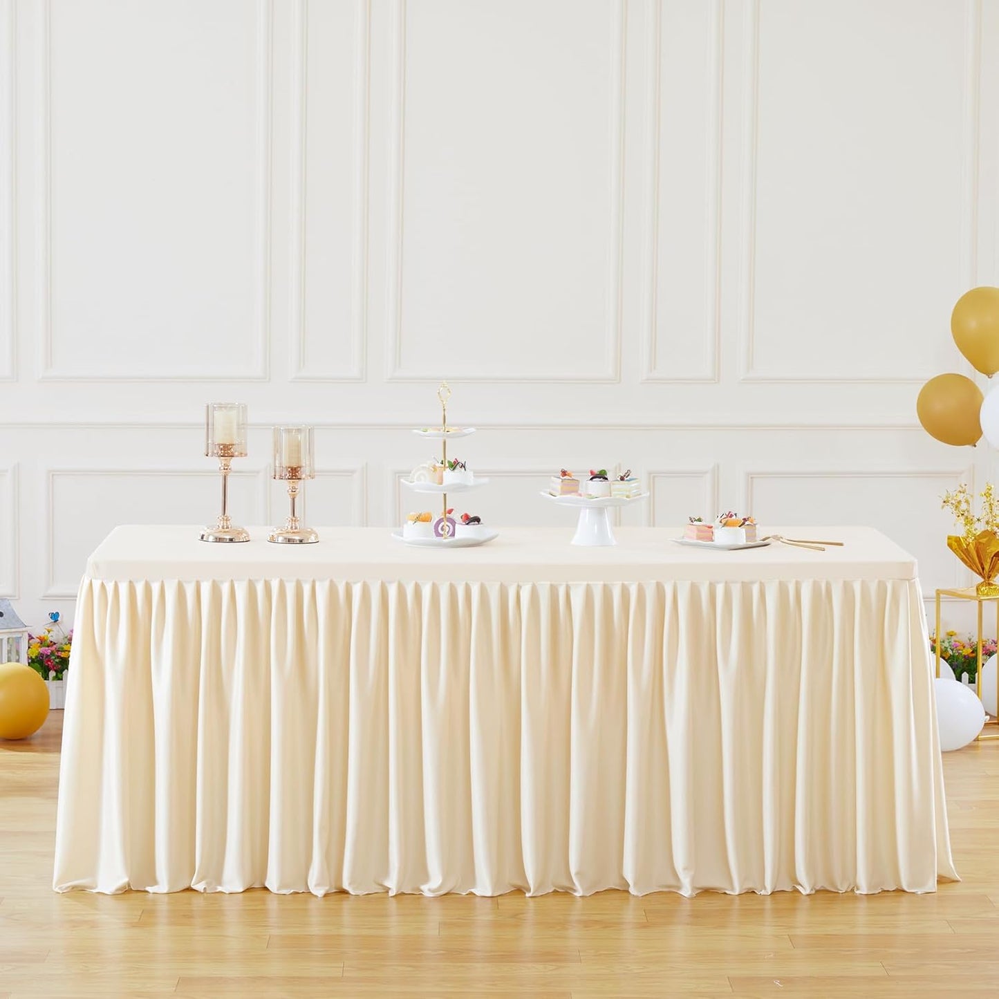 Light Champagne Polyester Table Clothes for 4 Foot Rectangle Tables, Wrinkle Free Fitted Table Cover with Pleated Ruffle Table Skirt for Birthday Party Wedding Trade Show Event Display