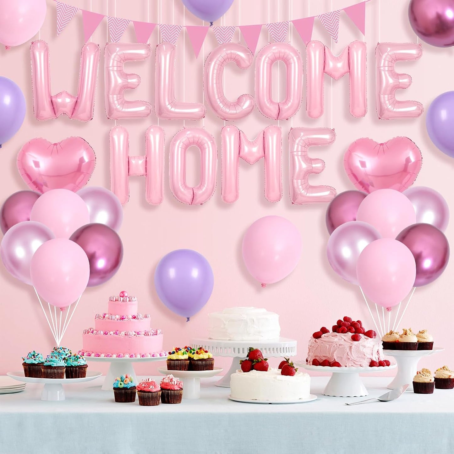 Welcome Home Decorations Pink,Welcome Home Foil Balloon Banner with Pink Heart Balloons Pennant Flag Bunting for Housewarming Baby Shower Welcome Home Baby Girl Party Supplies