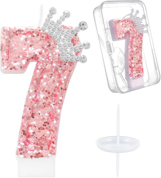 Ceya Number 7 Birthday Candles,Pink Crown Candle for Cake, Sparkling Number Glitter Candle 3.14inch Cake Topper,7st Birthday Decorations for Girl Women Reunions Anniversary Party Supplies