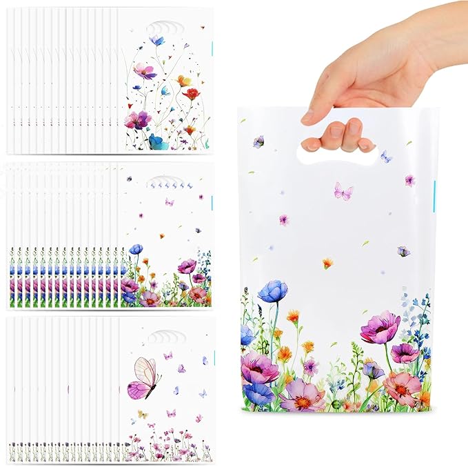 Wildflower Gift Bags, 50 Pcs Wildflower Party Favor Bags with Handles, Plastic Floral Goodie Candy Cookie Treat Bag for Wildflower Baby Shower Decorations Birthday Spring Party Favors Supplies