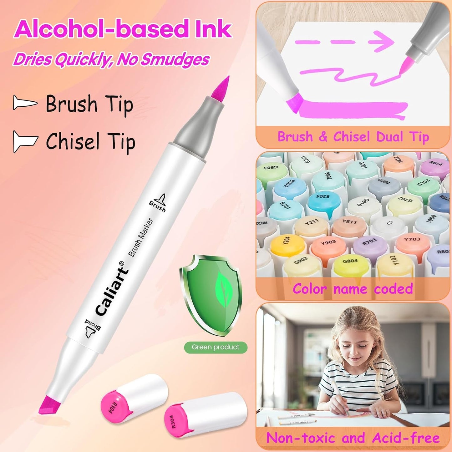 Caliart Pastel Markers Brush Tip, 61 Colors Alcohol Marker Set Dual Tip Permanent Art Pens for Adult Coloring Book, Artist Sketch Illustration Halloween Drawing Supplies Kit Gift, Brush & Chisel