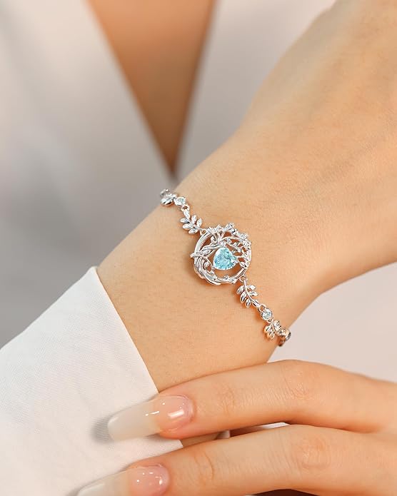 FANCIME Valentines Day Gift Tree of life Birthstone Bracelet for Women Sterling Silver Tree Jewelry Birthstone Charm Bracelet Gemstone Anniversary Birthday Gifts for Wife Mom Her