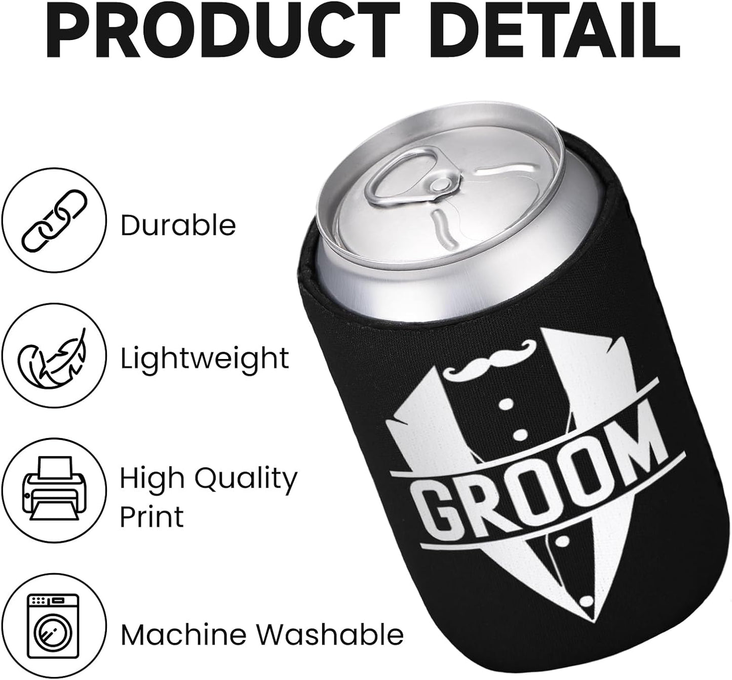 12 Pack Bachelor Party Can Coolers with Groom Squad Design, Insulated Neoprene Beer Sleeves for Men, Black & White Reusable Drink Holders Groomsmen Gifts