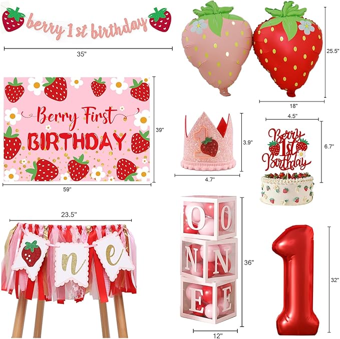 Berry Baby Girl 1st Birthday Decor, Strawberry First Birthday Decorations for Girls with Balloon Arch, Party Backdrop, High Chair Banner, Crown, Photo Banners, Cake Topper