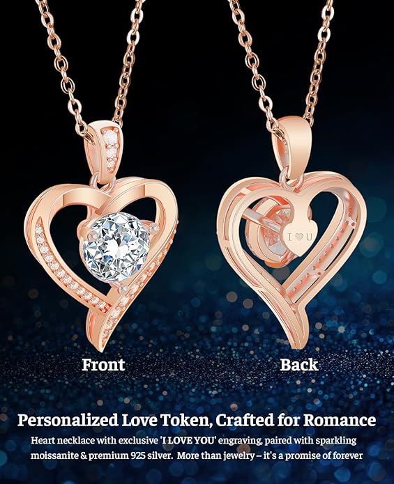 Valentines Day Gifts for Her - Heart Pendent Necklaces for Women, 1-3ct Moissanite Necklace with I love U Engraving - Anniversary Birthday Gifts for Wife, Girlfriend, Mother, 925 Silver Jewelry
