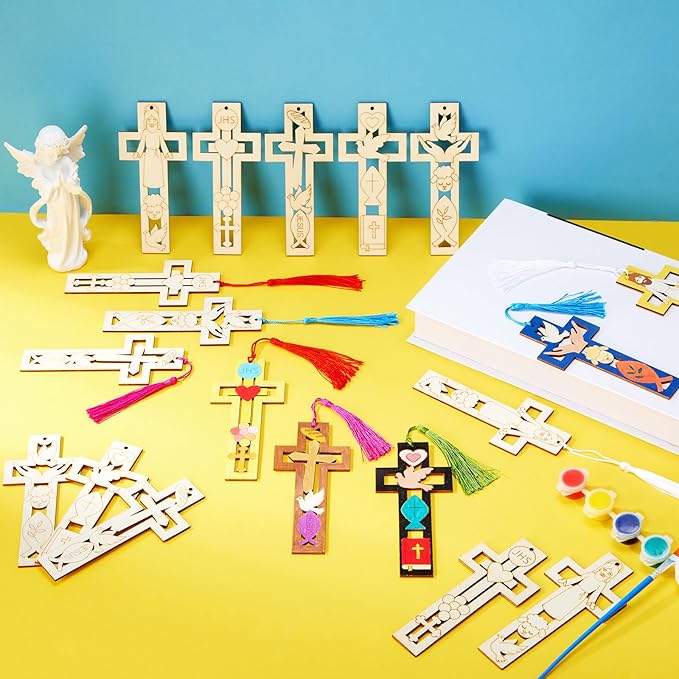 Yexiya 50 Set First Communion Party Favors, DIY Wooden Cross Bookmarks with Tassels for Baptism, Sunday School Crafts Bulk, Christian Religious Gifts for Confirmation & Church Events