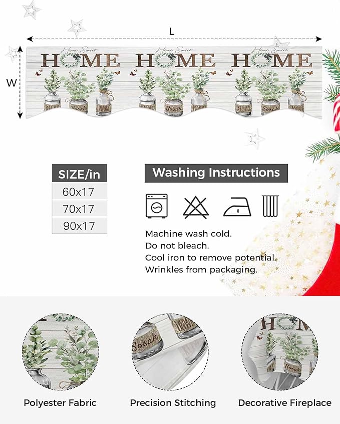 Eucalyptus Leaves Fireplace Mantel Scarf Table Runner, Farmhouse Botanical Plants Wooden Grain Winter Garland Mantel Top Tablerunners Dresser Scarves Decor for Windows Party Living Room 60''x17''