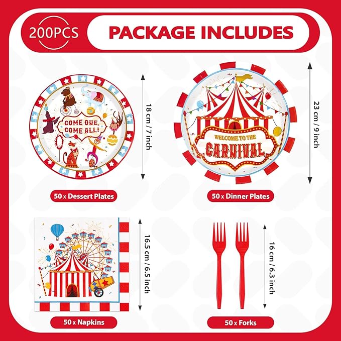 Grencian 200Pcs Carnival Party Decorations Carnival Circus Plates and Napkins Disposable Circus Theme Paper Tableware Set for Birthday Baby Shower Fiesta Party Supplies, Serves 50