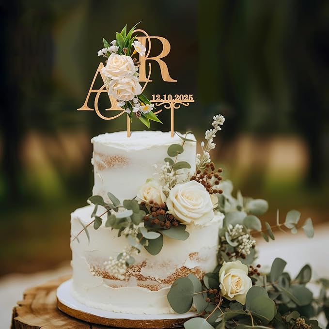 Personalized Wedding Cake Topper with 3D Artificial Flowers and Green Leaves Custom Initials Wooden Anniversary Cake Decoration