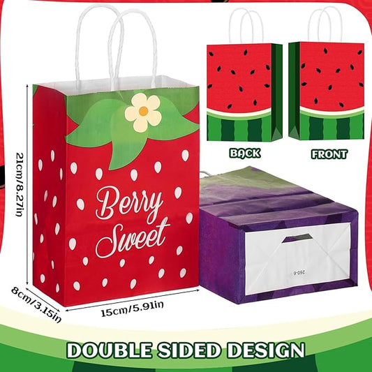 Outus 24 Pcs Summer Fruit Party Favors Bags Fruit Goodie Gift Paper Bag with Handles Tutti Frutti Strawberry Watermelon Candy Treat Tote Pouch for Summer Party Birthday Baby Shower Decoration Supplies