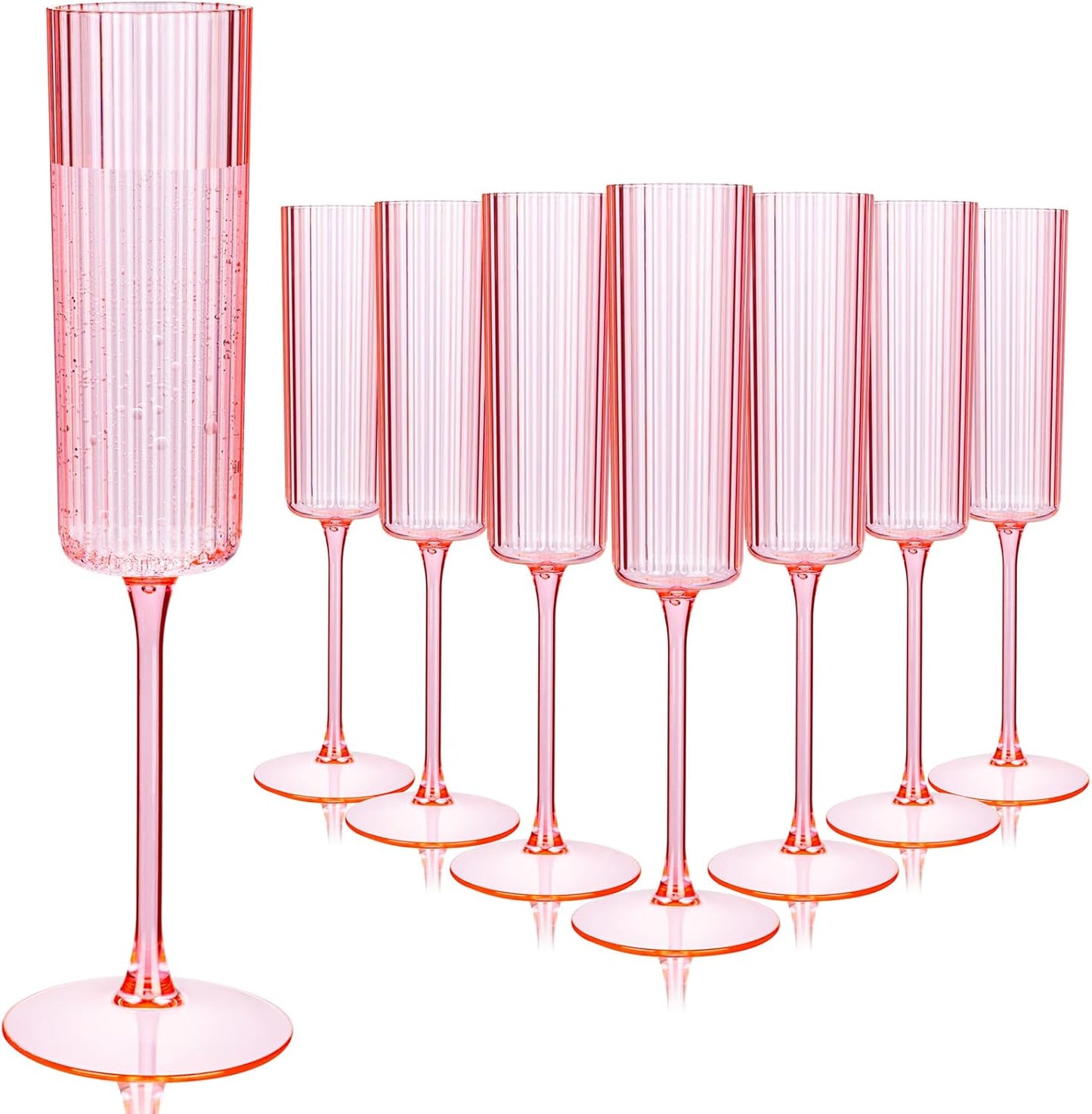 36 Pack Pink Plastic Champagne Flutes - 6oz Ribbed Disposable Champagne Glasses - Clear Pink Vintage Mimosa Glasses with Long Stem Elegant & Lightweight for Wedding Party