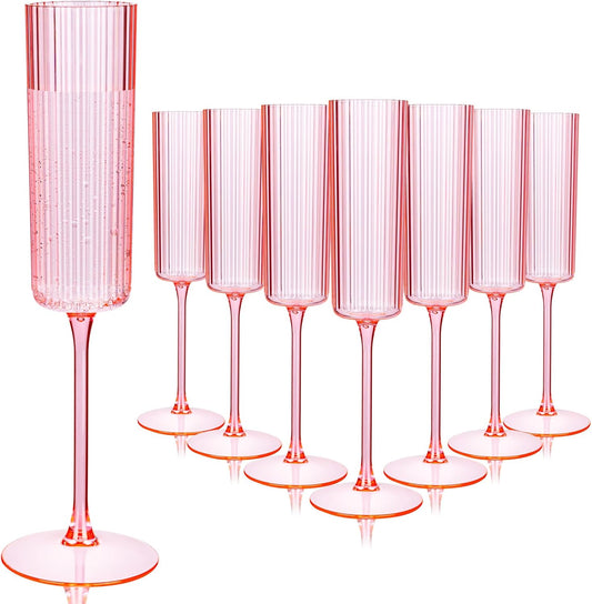 36 Pack Pink Plastic Champagne Flutes - 6oz Ribbed Disposable Champagne Glasses - Clear Pink Vintage Mimosa Glasses with Long Stem Elegant & Lightweight for Wedding Party